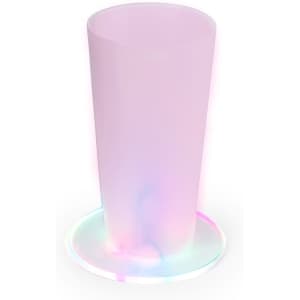 A translucent pink drink bottle with a multicoloured illuminated base. It features a simple design and has a logo.