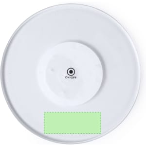 A round white coaster featuring a central button with 'ON/OFF' and a blank green area.