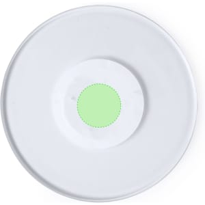 A round coaster in white with a central green dot. It features a simple design and has a logo.