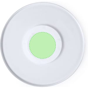 A round coaster in white with a light green centre, featuring a simple, sleek design and a branding logo.