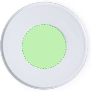 A round coaster in white with a green circular centre, featuring a logo at the centre.