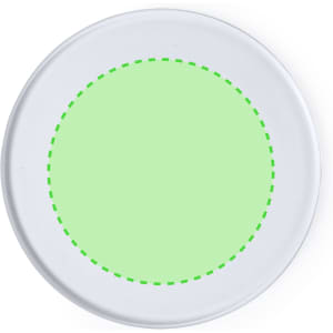 A round coaster with a light green centre and a dotted green outline, featuring a simple, clean design.