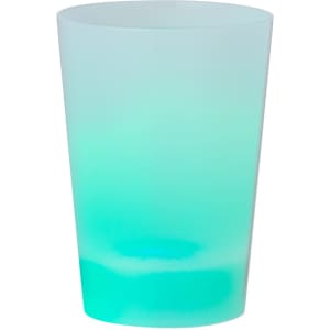 A translucent turquoise drink cup with a gradient effect, featuring a simple branding logo.