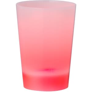 A drink bottle made of translucent pink glass with a smooth finish, featuring a logo on one side.