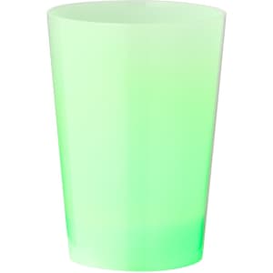 A green translucent cup with a smooth finish and a subtle glow, featuring a logo on the surface.
