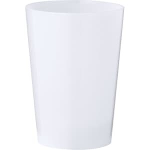 A white drinking cup with a smooth finish and a simple design. It features a logo.