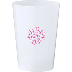 A white cup with a pink graphic design, featuring a festive theme and a logo.
