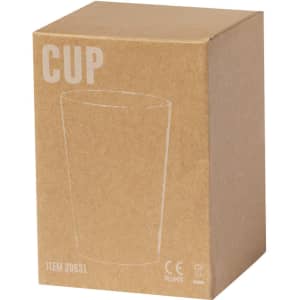 A brown cardboard box containing a transparent cup, with a simple logo on the front.
