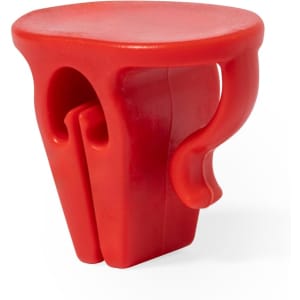 A red cup holder clip with a unique design, suitable for securing drinkware. It features a simple branding logo.