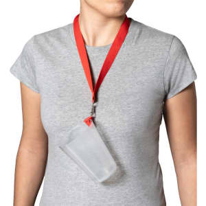 A clear plastic cup holder clip hangs from a red lanyard around a person's neck.