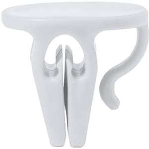 A white cup holder clip designed for securing drink containers, featuring a simple, functional design.