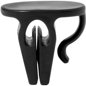 A black cup holder clip designed to attach to surfaces, featuring a curved hook and two gripping arms.