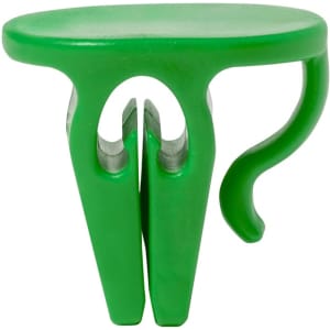 A green plastic cup holder clip with a curved handle and two prongs for securing drinkware.