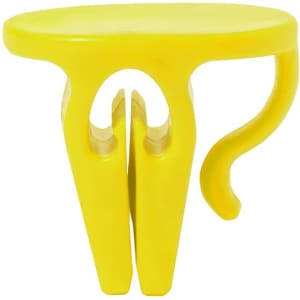 A yellow cup holder clip designed for securing drinkware, featuring a simple, functional design and a branded logo.
