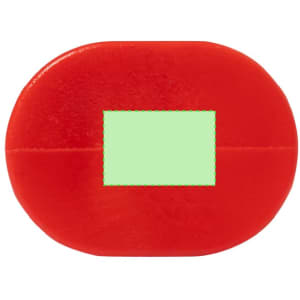 A red cup holder clip with a square area in the centre. The item has a logo.