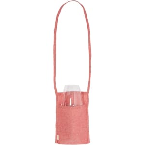 A red multipurpose bag with a long strap, featuring a front pocket that holds a clear drink bottle.