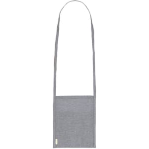 A grey multipurpose bag with a long strap and a simple design. It features a branding label.