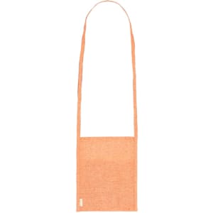 An orange multipurpose bag with a long strap and a simple, minimalist design. It features a logo.