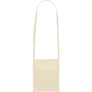 A neutral beige multipurpose bag with a long strap and a simple design. It features a logo on the front.