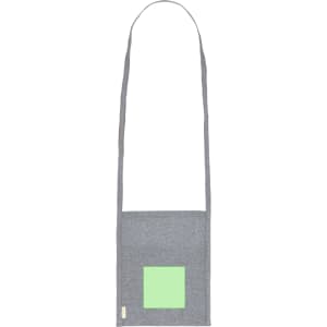 A grey multipurpose bag with a green square design and a long shoulder strap, featuring a brand logo.