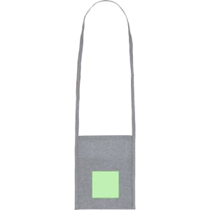 A grey multipurpose bag with a long strap and a green square accent at the front, featuring a logo.