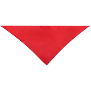 A bright red neckerchief in a triangular shape, featuring a small logo.