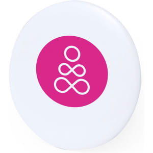 A round button badge with a white base and a vibrant pink circle featuring a simple logo design in white.