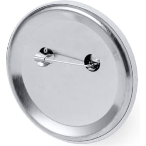 A circular metal pin badge with a shiny silver finish and a safety pin attachment on the back.