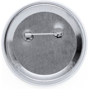 A circular silver button badge with a metal pin and a smooth back surface.