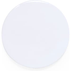 A round, white button badge with a glossy finish, featuring a logo in the centre.