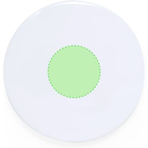 A round button badge featuring a white exterior with a green circular centre. It includes a logo.