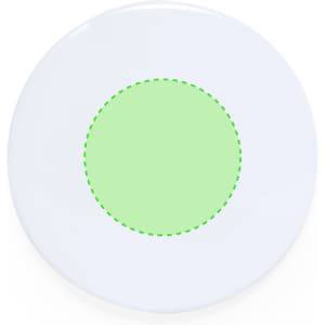 A circular button badge featuring a white outer ring and a light green centre, with a dashed green outline.