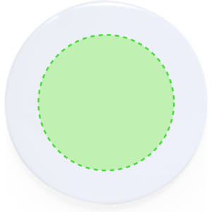 A round button badge in white with a green circular centre featuring a dashed outline.