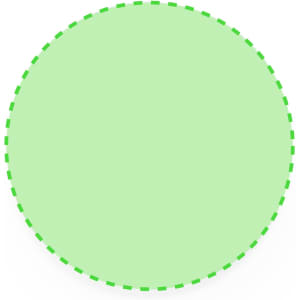 A circular button badge in a light green shade, featuring a dashed green outline.