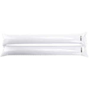Two inflatable white cheering sticks, featuring a logo on one side, positioned parallel to each other.