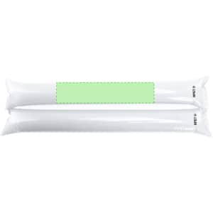 Inflatable cheering sticks in white, featuring a green area for customization, with logo branding visible.