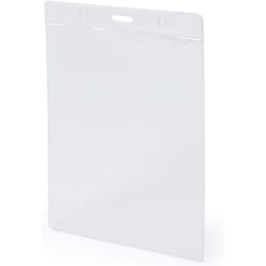A clear plastic ID badge holder with a top slot for attachment. It is designed for exhibitions and events.