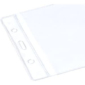 A clear plastic badge holder with holes at the top for attaching to lanyards or clips.