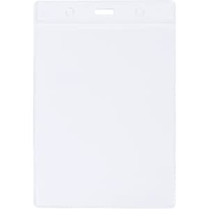 A clear plastic badge holder with a top opening, featuring circular holes for attachment.