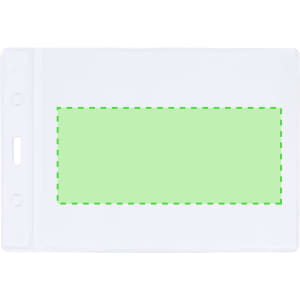 A clear, white badge holder with a green outline indicating the insert area. Features holes for attachment.