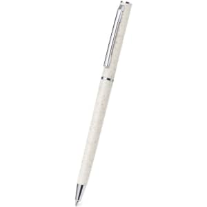 A pen with a creamy white barrel and silver accents, featuring a branding logo.