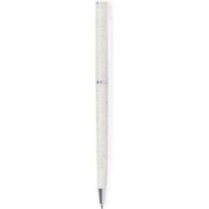 A pen with a textured white barrel and silver trim, featuring a logo on the barrel.