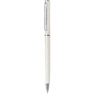 A pen with a white body and silver accents, featuring a clip and a sleek design.