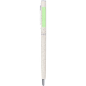 A white pen with a silver clip and a green section for branding. It's designed for writing.