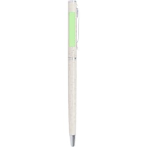 A pen with a light-coloured body and silver accents, featuring a green section. It has a logo on its surface.