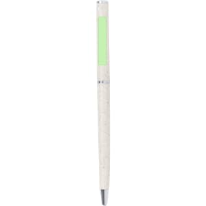 A pen with a white body and a green accent, featuring a silver tip and a branding logo.