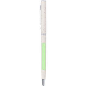 A pen with a textured white body and a green accent, featuring a silver clip and tip. It has a logo.
