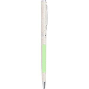 A pen featuring a white body with a green accent. It has a clip and a shiny metal tip.