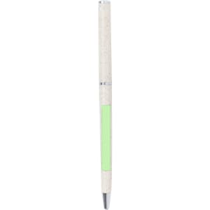 A pen featuring a cork-like texture with a vibrant green grip and a silver clip, complete with branding.