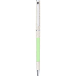 A green and white pen featuring a textured body and a silver clip, with a logo prominently displayed.
